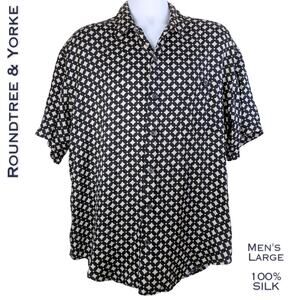 Roundtree Yorke Silk Shirt Large Black Ivory Geometric Button Front Casual